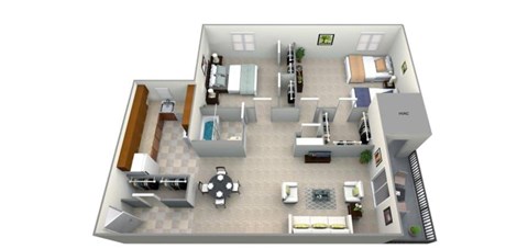 A 3D floor plan of a house with a kitchen, living room, dining room, and bedrooms.